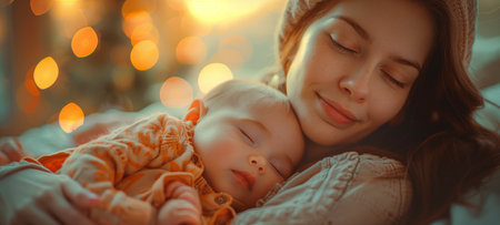 Beautiful young mother with her newborn baby at home. Selective focus.の素材