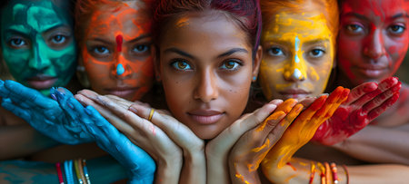 Group of diverse women from around the world with painted face. World Day for Cultural Diversity for Dialogue and Development.の素材