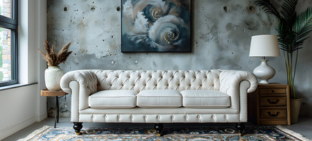 Interior of a modern living room with a white sofa and a potted plantの素材