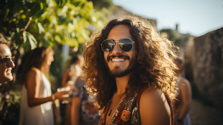 Portrait of a happy young man with long curly hair wearing sunglasses and smiling at the camera while having a party with friendsの素材