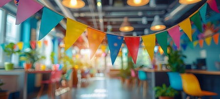 Colorful Party Flags Decorated in Restaurant for Celebrate Eventの素材