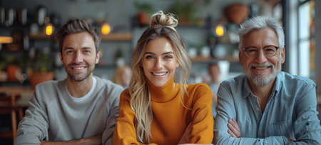 Group of happy people in casual clothes sitting at table in cafe and smilingの素材