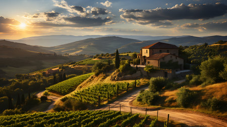 Sunset in Tuscany, Italy. Tuscany is famous for its wine production.の素材