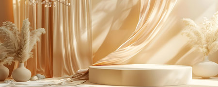 3d render of minimal display podium for product presentation with golden silk fabric.の素材