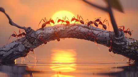 Ants on a branch in the water at sunset. 3d renderの素材