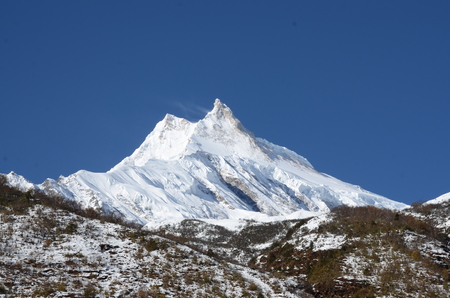 Long shot of the Manaslu mountain in the Himalayas in Nepalの写真素材