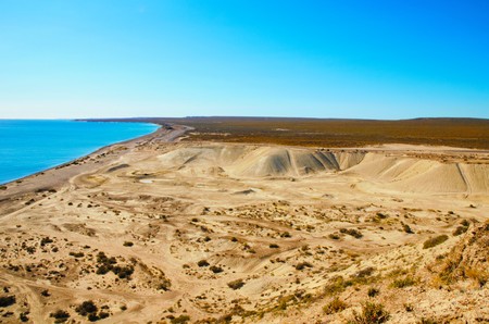 Long shot of the landscape surrounding Punta Loma, Chubut, Argentinaの写真素材