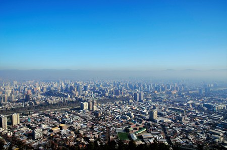 Panoramic view of Santiago de Chile from Cerro San Cristobal with the Andes in the background in Chile, South Americaのeditorial素材
