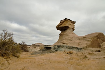 Long shot of the stone formation the Sphynx in the nature reserve Ischigualasto also called Valle de la Luna in the area San Juan in Argentina, South Americaの写真素材
