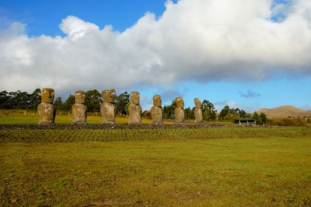 Long shot of the seven Moai at Ahu Akivi in Rapa Nui Easter Island in Chile, South Americaの写真素材