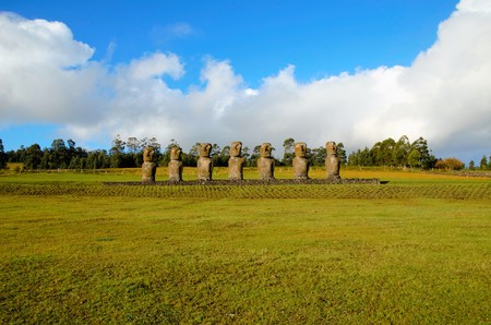Long shot of the seven Moai at Ahu Akivi in Rapa Nui Easter Island in Chile, South Americaの写真素材