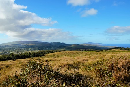 Long shot of Rano Kau a large volcanic crater containing a freshwater lake in Easter Island, Rapa Nui, Chile, South Americaの写真素材