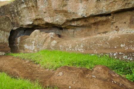 Long shot of Moai statues at the famous Moai statue quarry around the Rano Raraku volcano in Easter Island, Rapa Nui, Chile, South Americaの写真素材