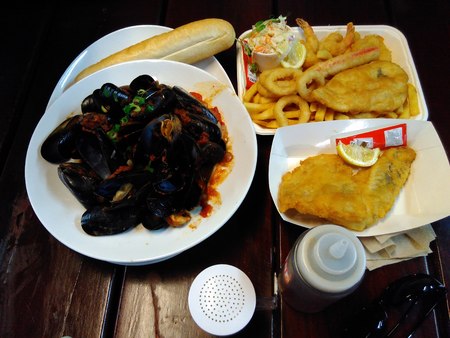 fish & chip,chili musselの写真素材