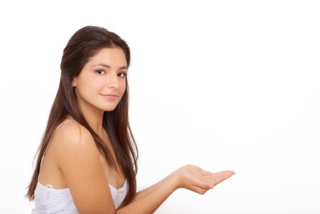 woman with empty cupped hand to put product inの写真素材