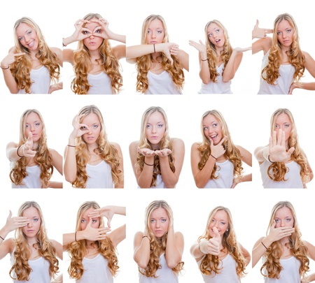 woman with different facial expressions and gestures or signsの写真素材