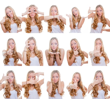 woman with different facial expressions and gestures or signs