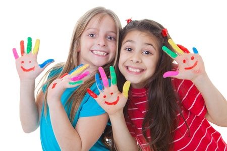 happy kids playing paint with paintの写真素材