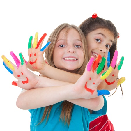 happy smiling children playing with paintの写真素材