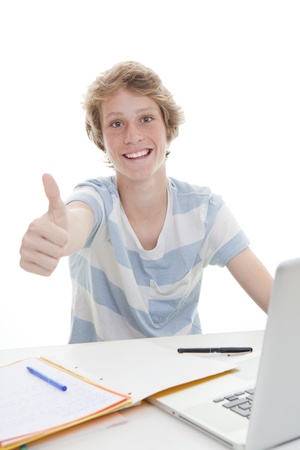 student studying in class with showing thumb up signの写真素材