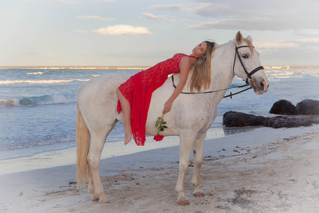 romantic woman on horse on  summer beachの写真素材