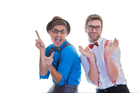 goofy business men with glasses,  hat, braces, suspenders and bow ties.