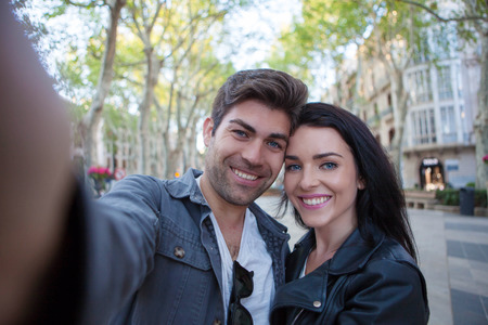 couple of vacation taking selfie in el Borne Palma de Mallorcaの写真素材