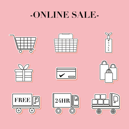 Online shopping icon set. Vector illustration in trendy linear style on a pink background.のイラスト素材