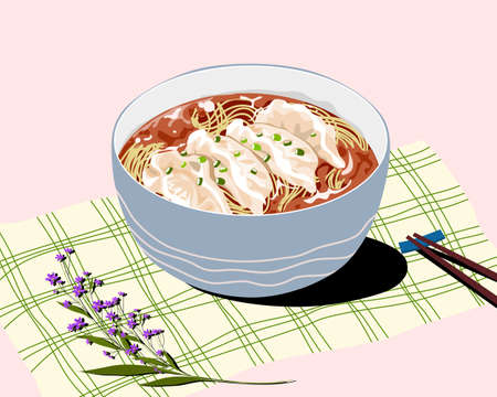 realistic noodles vector illustration, a bowl of steamed dumpling and noodles with soup on the table, shopstick and flower decoration.のイラスト素材