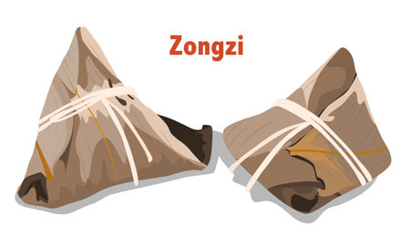 isolated sticky rice dumpling, Zongzi on white backgroung. Close up hand drawing vector illustration.のイラスト素材
