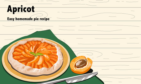 apricot pie on wooden plate and wooden backgroung, close up hand drawing vector illustration.のイラスト素材