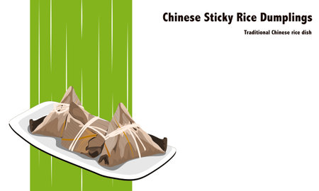 a plate of Zongzi, a Chinese sticky rice dumplings with white and green background. realistic hand drawing vector illustration.のイラスト素材