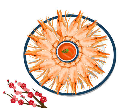 Steamed prawn with sauce. Isolated food vector illustration on white background with peach blossom decoration.のイラスト素材