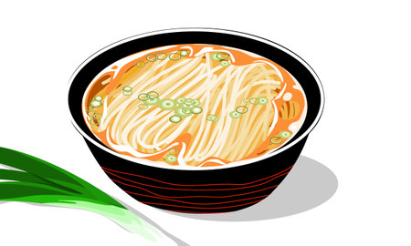 Simple egg noodles with soup in a bowl with leeks decoration on white background. Isolated close up hand drawing vector Illustration.のイラスト素材