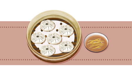 Isolated Xiao Long Bao or steamed bun in bamboo basket with ginger sauce decoration on white background. Food hand drawing illustration.の写真素材