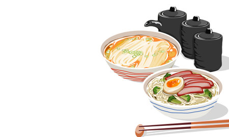 Set of noodles with soup and roasted red pork noodles , egg and vegetables with soup in a bowl on white background. Isolated close up asian food drawing vector illustration.のイラスト素材