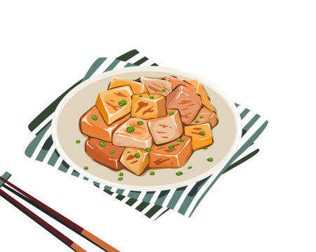 Isolated Marinated Tofu, fried tofu with sauce, maple syrup, sesame oils and garlics . A plate of asian food on background with chopsticks. Close up top view food vector illustration.:: tasmeemME.com