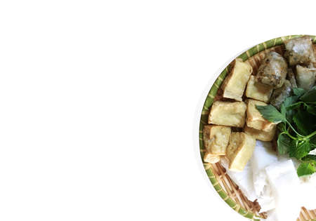 Isolated Rice Noodles with Fried Tofu, Vietnamese traditional food on white background.の写真素材