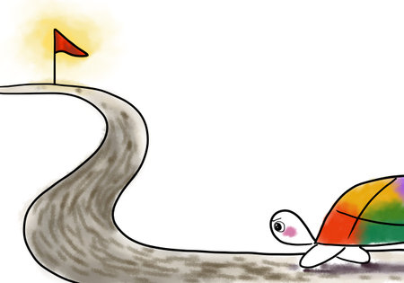 Rainbow tortious keep walking forward on the road with the eyes looking at the goal. Cheer up illustration. Close up drawing pastel color painting.の写真素材