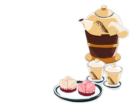 A Ceramic Teapot on the tea stove and a couple of ceramic tea cup with a dish of Fa Gao steamed cake. Isolated retro tea set on white background. Close up drawing vector illustration.のイラスト素材