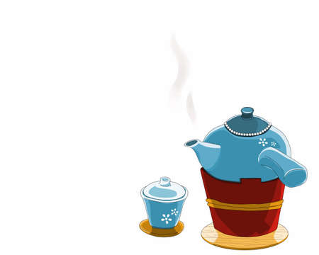 A Hot Ceramic Teapot on the tea stove and a ceramic cup of tea. Isolated retro tea set on white background. Close up drawing vector illustration.のイラスト素材