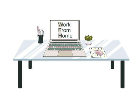 laptop and computer mouse on the glass table with pen, pencil and cactus decoration. Working table on white background. Vector illustration.のイラスト素材