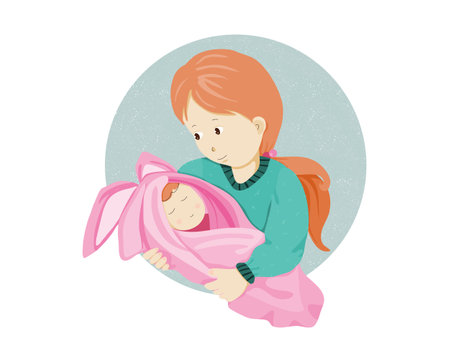 mother holding a baby in her arm and her eyes looking at the baby face with love. Isolated Mom and baby vector illustration on white background. Mother day.のイラスト素材
