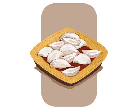 Garlics in a yellow plate on brown and white background. Close up drawing vector illustration. Isolated garlic seasoning for cooking.のイラスト素材