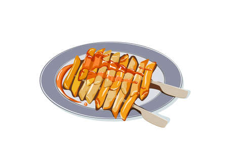 So-tteok so-tteok a popular South Korean street food. Fried garae-tteok or rice cakes with sauce. Isolated plate of So-tteok so-tteok on white background vector illustration. Asian food drawing.のイラスト素材