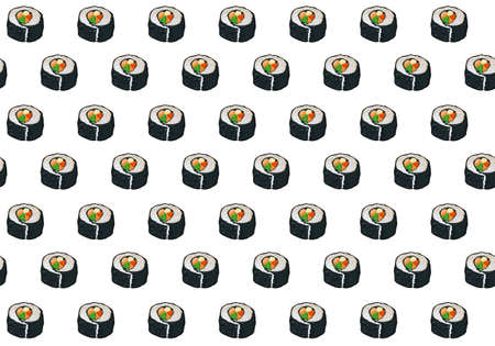 Seamless sushi on white background. Close up Japanese food anime drawing. Vector illustration on white background.のイラスト素材