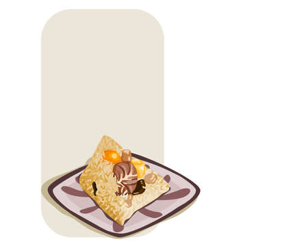 Isolated plate of Zongzi, sticky rice dumpling on white background. Unwrapping Zongzi sticky rice dumpling.  Close up hand drawing vector illustration. Chinese traditional food Dragon boat festival.のイラスト素材