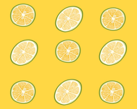 Seamless pattern of sliced lemon on yellow background. Food and drink decoration. Close up lime...