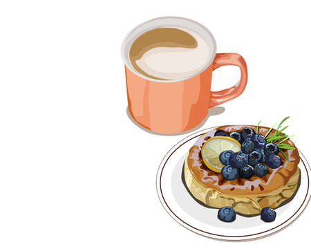 Isolated blueberry Japanese chiffon cake on a wooden plate and hot coffee cup. Bakery and cake hand drawing vector illustration. Close up object. Realistic food and dessert vector drawing.のイラスト素材