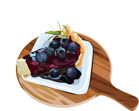 Isolated blueberry cheese cake on a wooden plate with white background. Bakery and cake hand drawing vector illustration. Close up object. Realistic food and dessert vector drawing.のイラスト素材